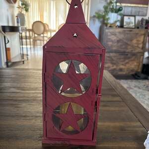 Red Metal Hanging Tealight Candleholder Glass Lantern with Door & Cut Out Stars